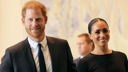 Prince Harry, Duke of Sussex and Meghan, Duchess of Sussex arrive at the United Nations Headquarters on July 18, 2022 in New York City. Prince Harry, Duke of Sussex is the keynote speaker during the United Nations General assembly to mark the observance of Nelson Mandela International Day where the 2020 U.N. Nelson Mandela Prize will be awarded to Mrs. Marianna Vardinogiannis of Greece and Dr. Morissanda Kouyaté of Guinea. 