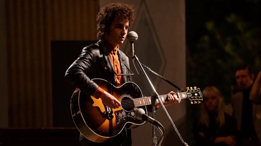 Timothée Chalamet holds a Gibson SJ-200 in the forthcoming Bob Dylan biopic, A Complete Unknown