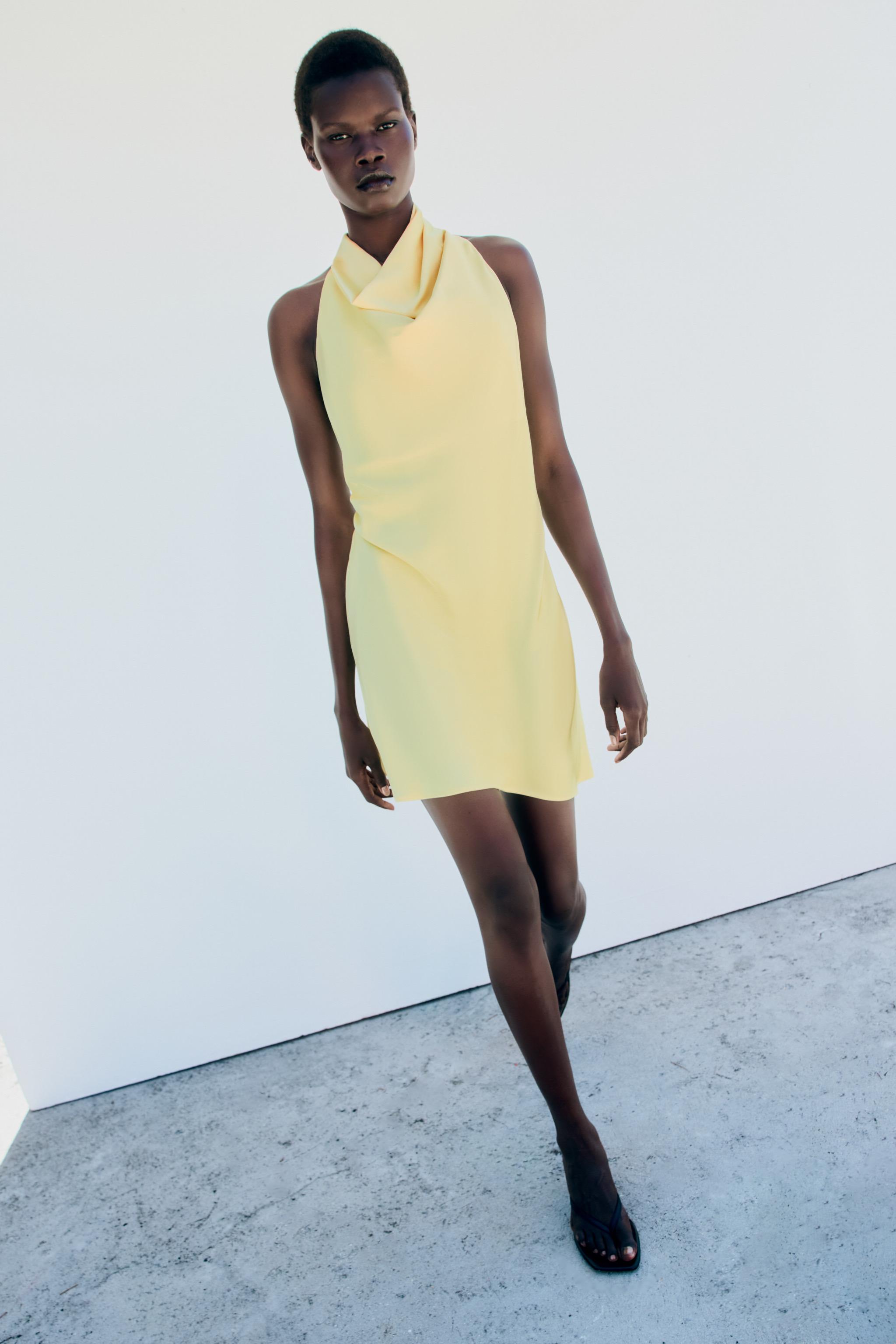 Satin Mini Dress - Light Yellow - Xs