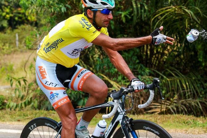 Race leader Mirsamad Pourseyedigolakhour (Tabriz Petrochemical Team) enjoys a drink