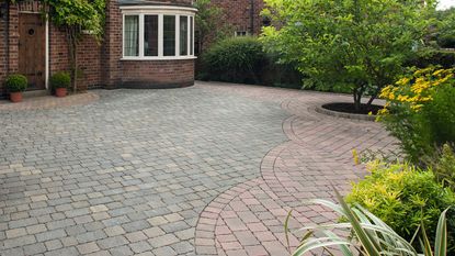 front yard design with cobbled driveway and landscaped shrubs