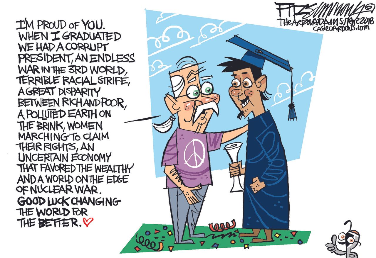 Political cartoon U.S. Millennials Baby Boomers college graduation students