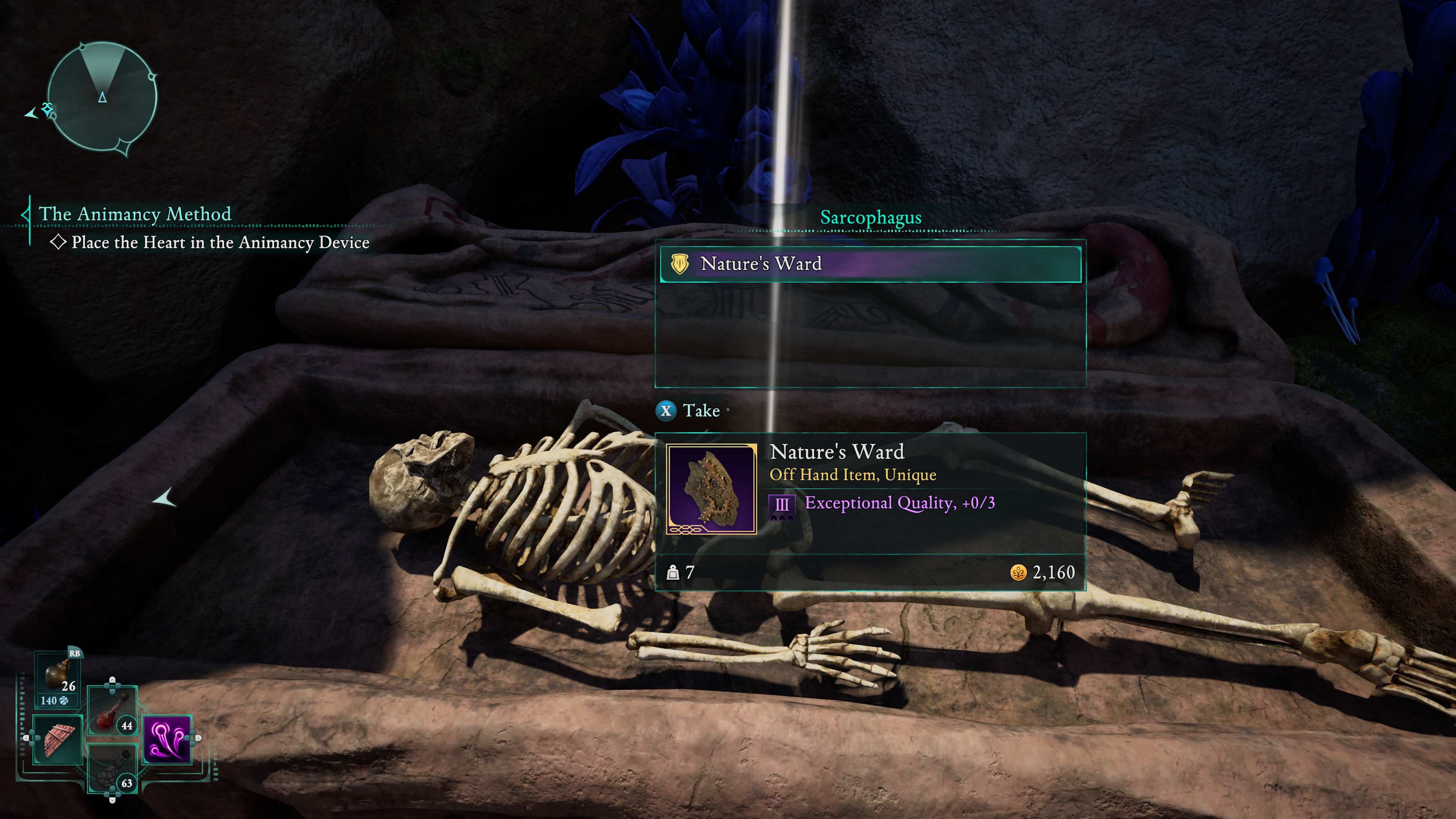 Avowed screenshot showing skeleton with treasure beaming from it