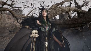 A woman in witchy garb surrounded by crows and dead trees in Crimson Desert