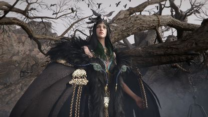 A woman in witchy garb surrounded by crows and dead trees in Crimson Desert