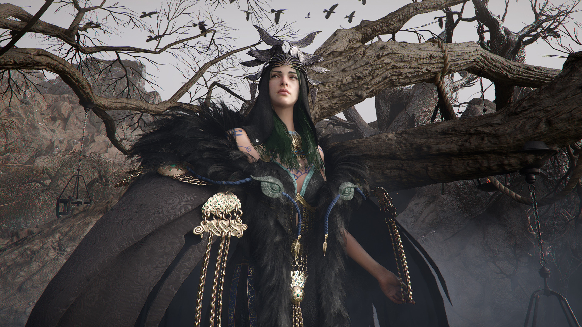 A woman in witchy garb surrounded by crows and dead trees in Crimson Desert