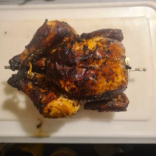 A crispy golden cooked chicken