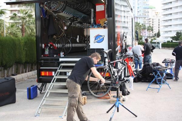 Philip Deignan's Cervelo gets a tune-up after arriving from Donegal.