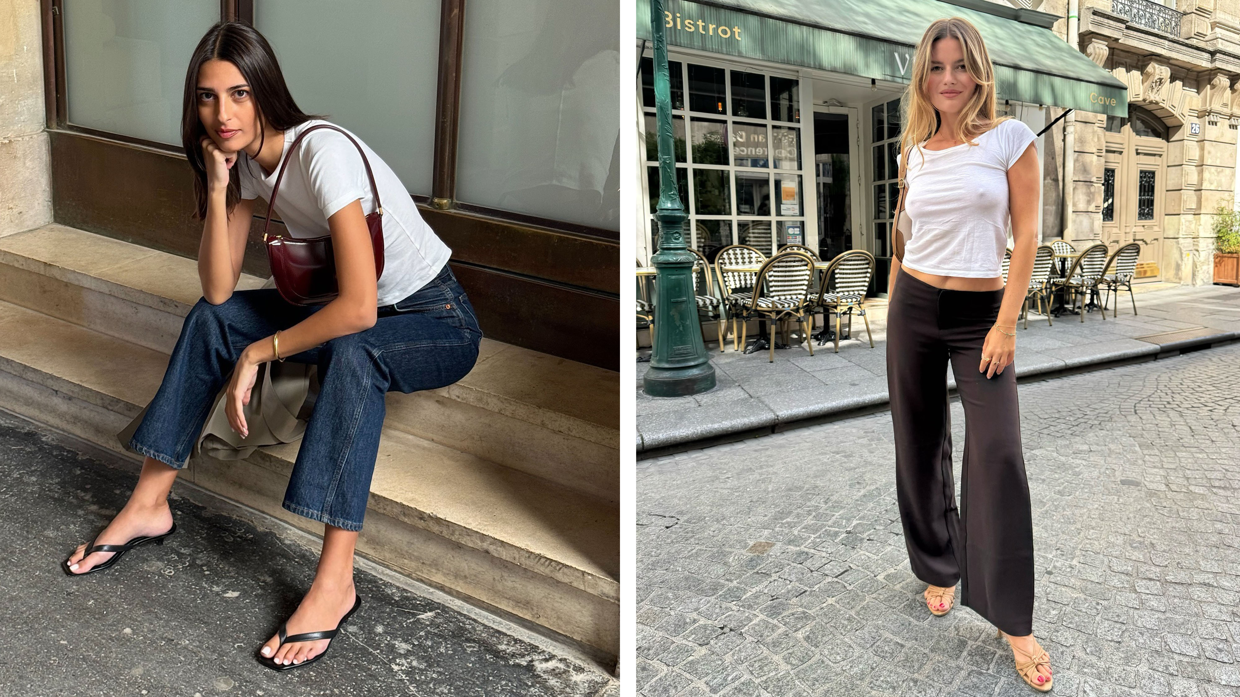 Collage of French women wearing summer outfits.