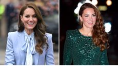 Composite of two pictures of Kate Middleton, each one showing her wearing a different pair of Missoma earrings 