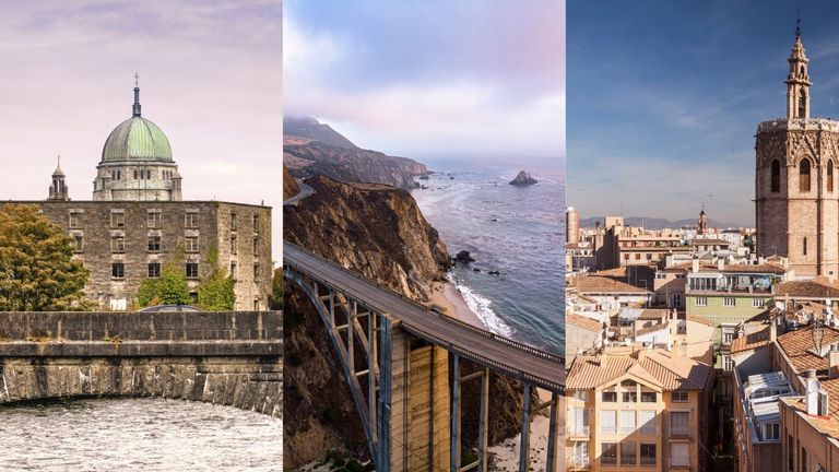 composite images of the best places to visit in September, including Galway, California and Valencia