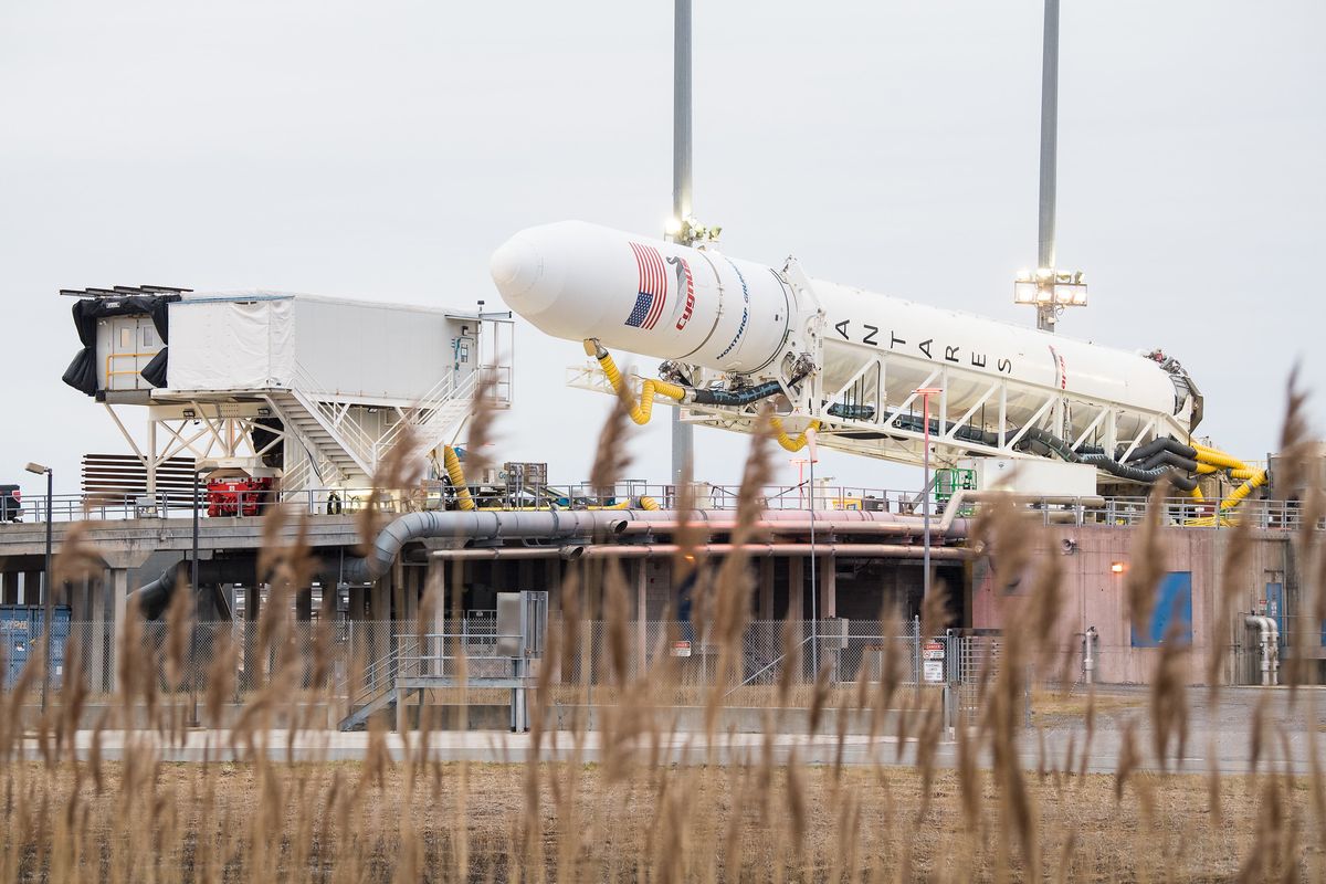 The Northrop Grumman Antares rocket carrying the Cygnus NG-13 spacecraft is lowered into horizontal position at its Mid-Atlantic Regional Spaceport launch site at NASA&#039;s Wallops Flight Facility in Wallops Island, Virginia on Feb. 12, 2020. Antares is scheduled to launch Cygnus on a NASA cargo mission on Feb. 14. 