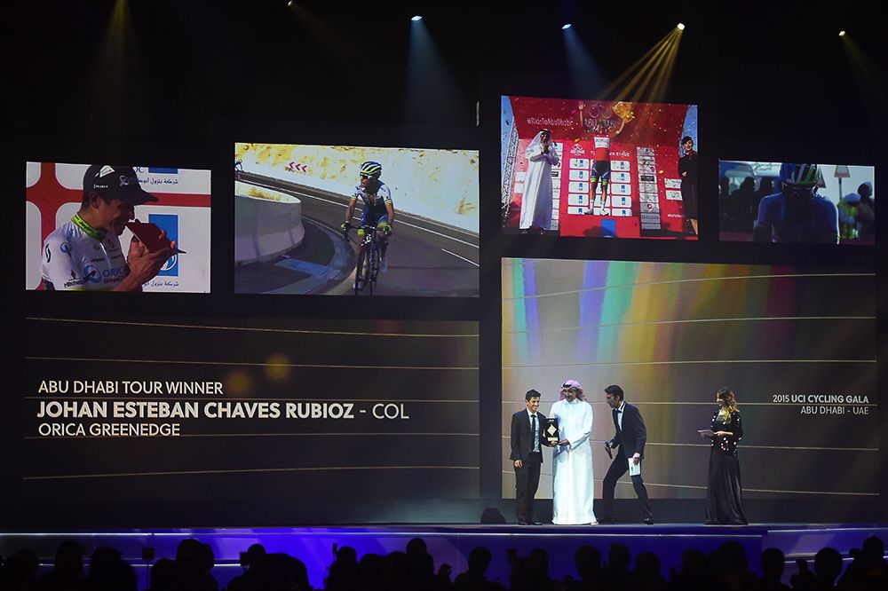Esteban Chaves collects his prize for his overall win at the Abu Dhabi Tour