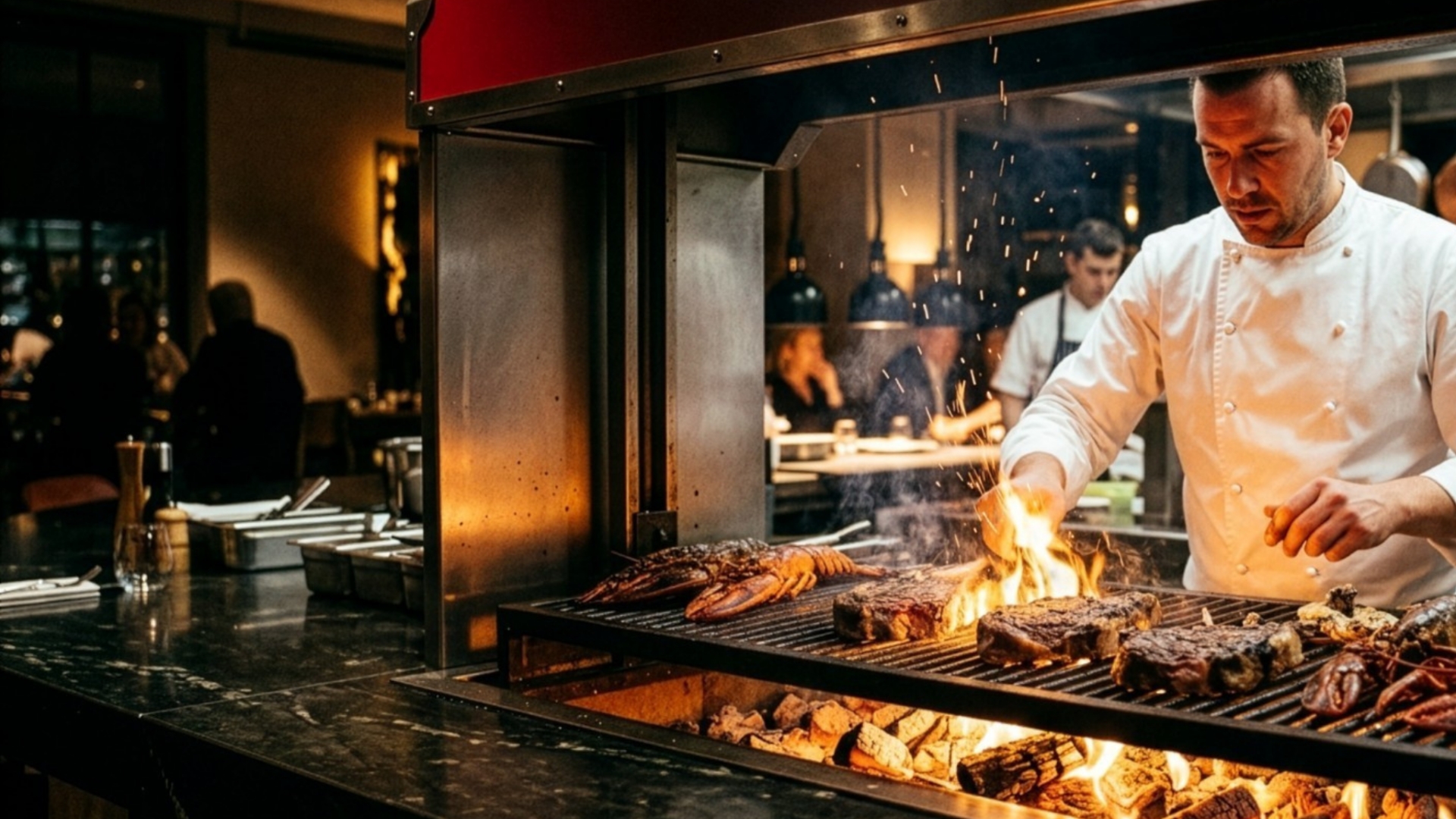 A chf cooking steaks over a flame in a kitchen