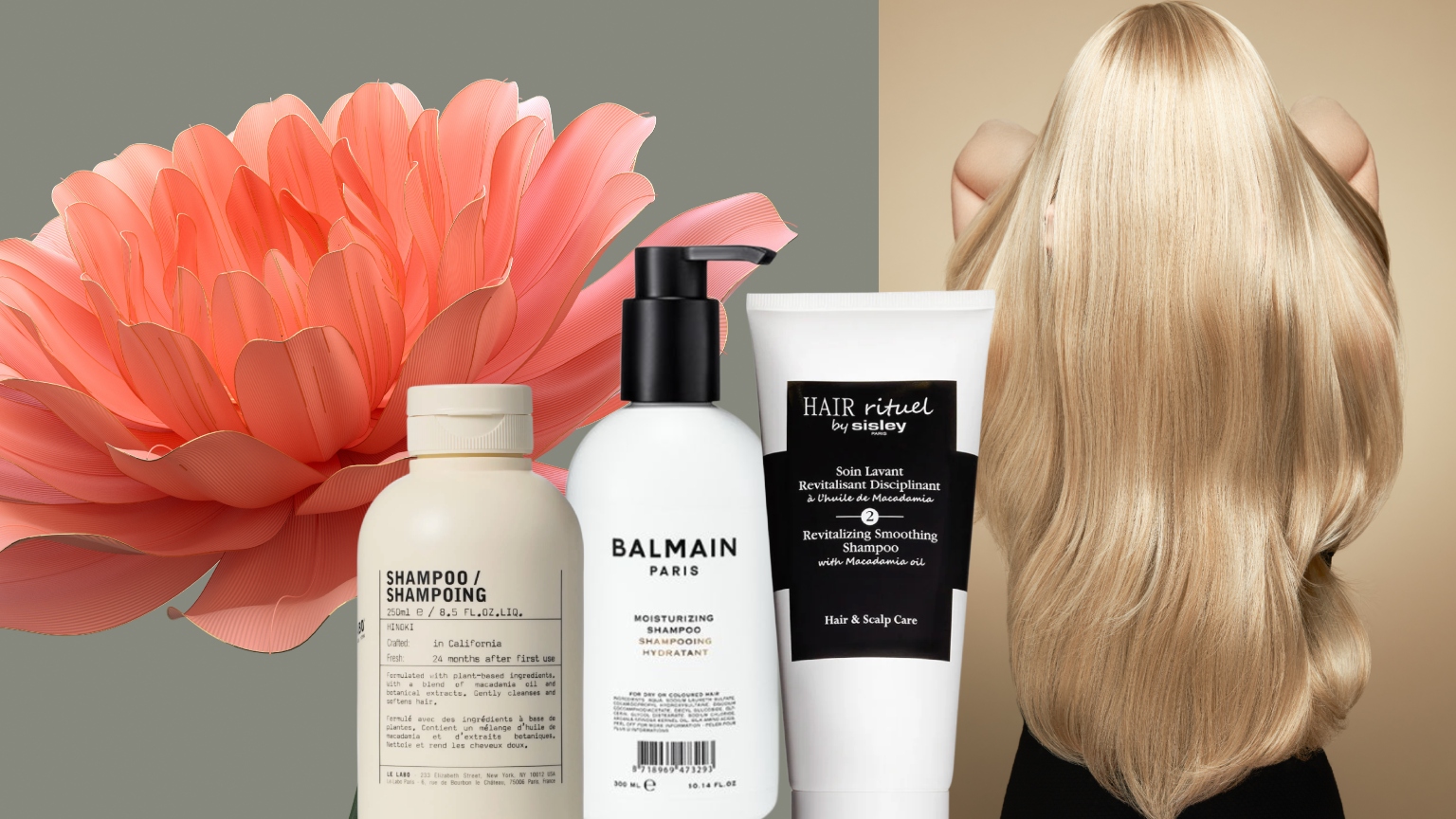 a trio of white shampoo bottles on a background of a pink flower next to a woman with long shiny blonde hair