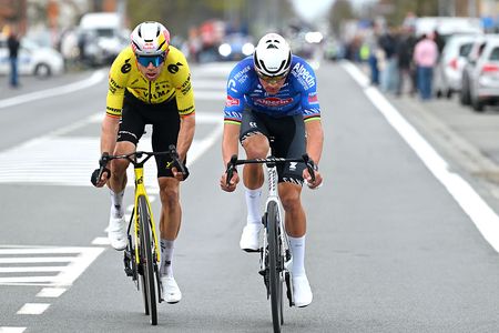 WEVELGEM, BELGIUM - MARCH 29: (L-R) Wout van Aert of Belgium and Team Visma | Lease a Bike and Mathieu van der Poel of Netherlands and Team Alpecin-Premier Tech compete in the breakaway during the 88th In Flanders Fields - From Middelkerke to Wevelgem 2026 - Men's Elite a 240.8km one day race from Middelkerke to Wevelgem / #UCIWT / on March 29, 2026 in Wevelgem, Belgium. (Photo by Tim de Waele/Getty Images)