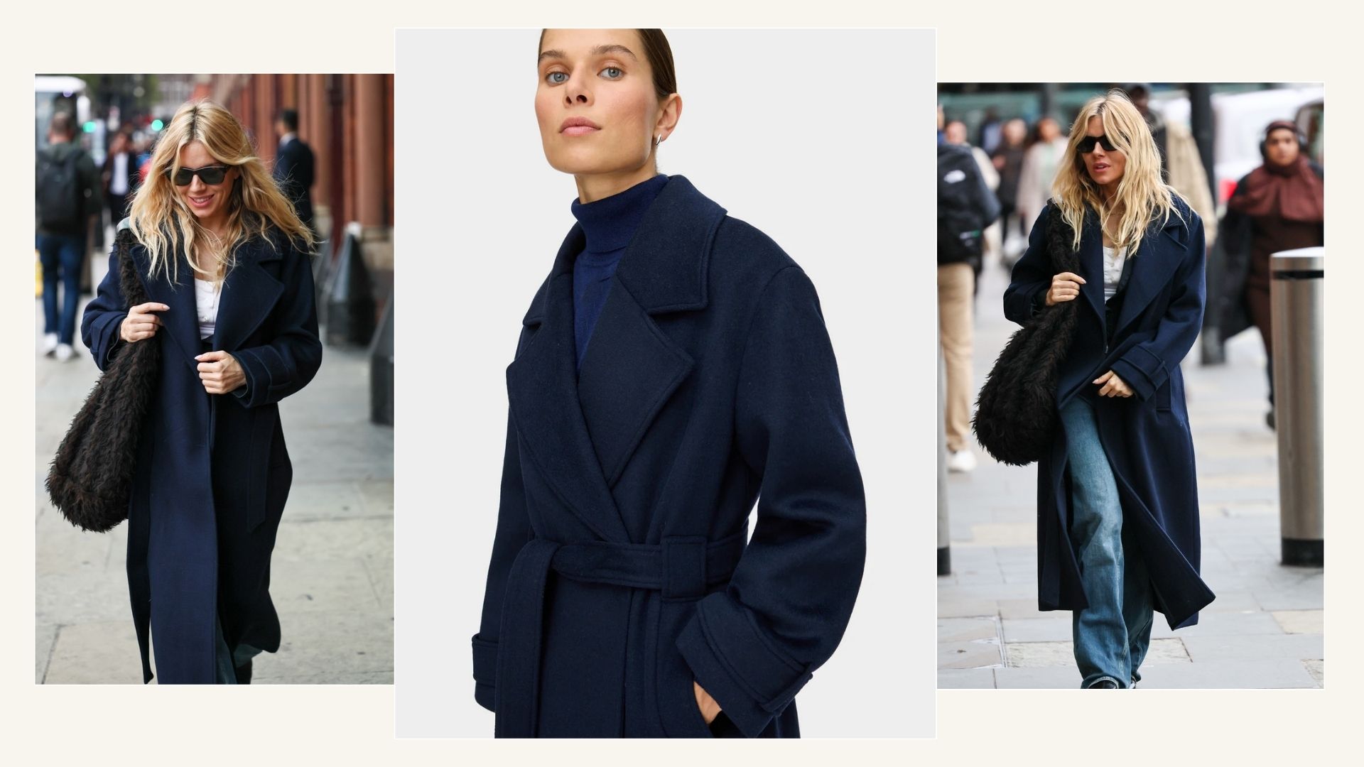 Sienna Miller wearing navy aligne coat.