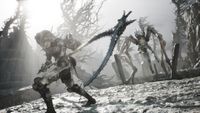 The player character prepares to swing a scythe at a spiderlike creature in Mortal Shell 2