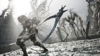 The player character prepares to swing a scythe at a spiderlike creature in Mortal Shell 2