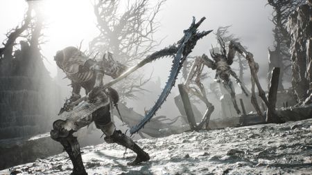 The player character prepares to swing a scythe at a spiderlike creature in Mortal Shell 2