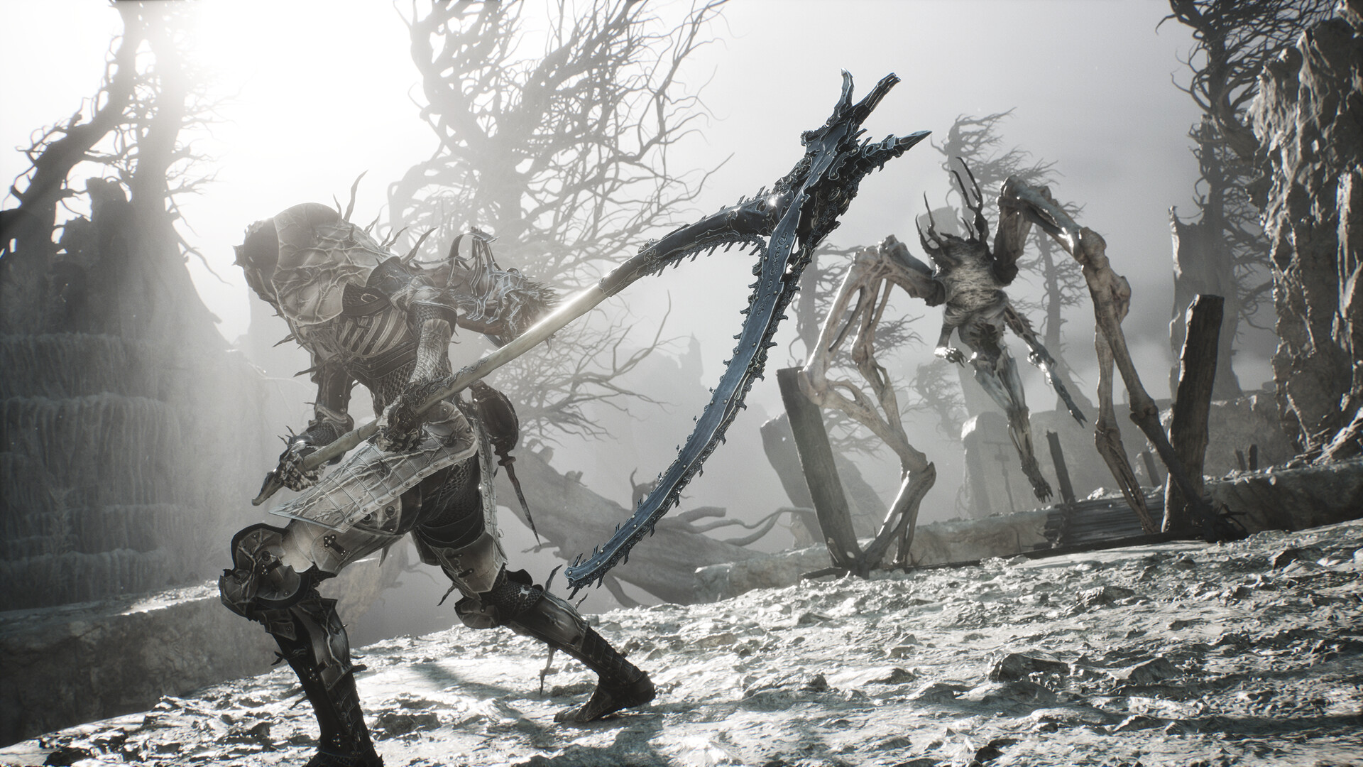 The player character prepares to swing a scythe at a spiderlike creature in Mortal Shell 2