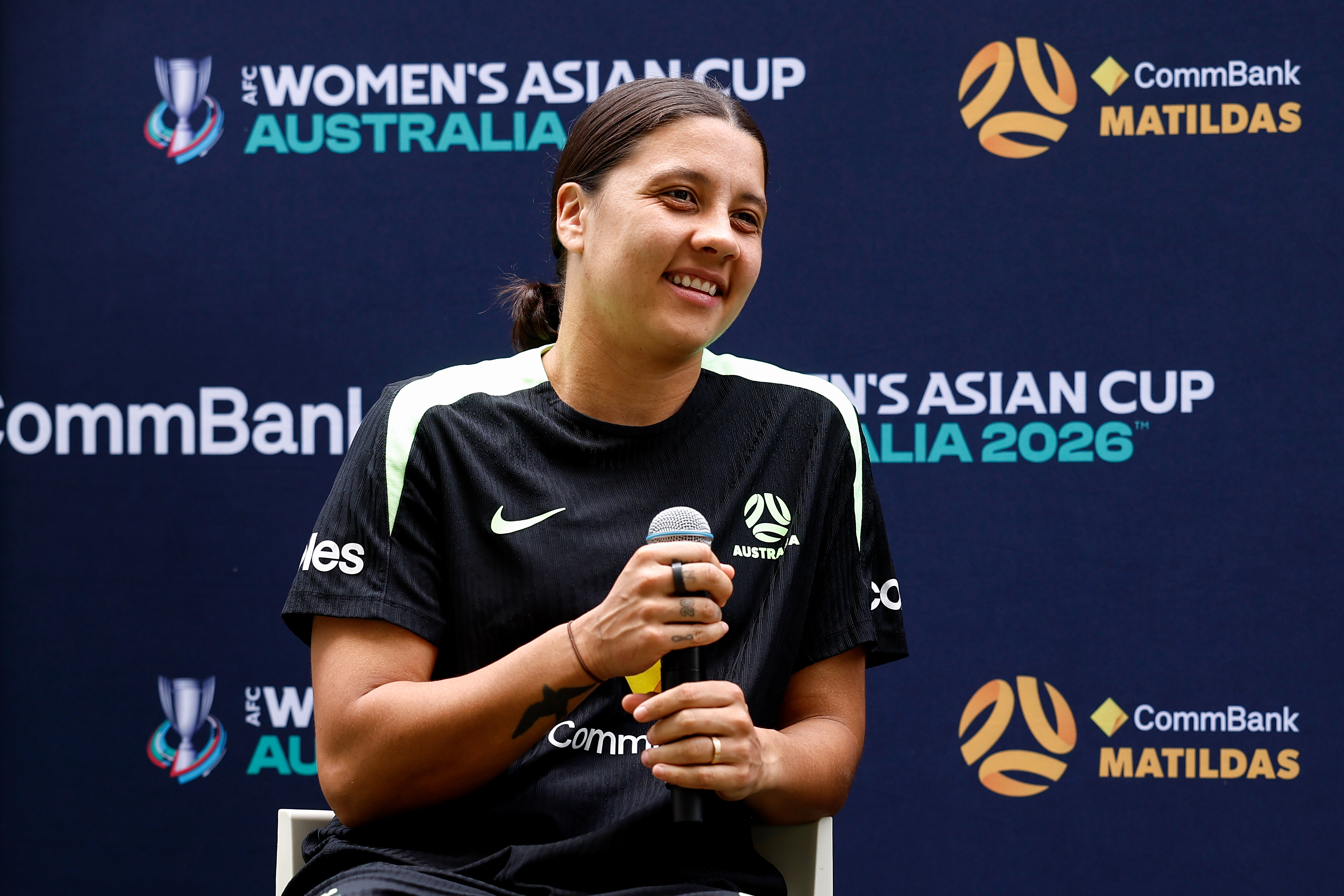 SYDNEY, AUSTRALIA - NOVEMBER 25: Sam Kerr of the CommBank Matildas speaks during a Commbank Partnership Announcement, where CommBank announced it will become the Official Regional Partner of the AFC Women&#039;s Asian Cup Australia 2026™, at CommBank Stadium on November 25, 2025 in Sydney, Australia. 