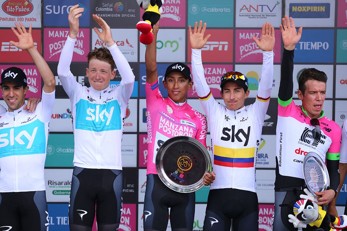 Team Sky on the podium with Egan Bernal in pink