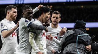 Son Heung-min celebrates with his Tottenham team-mates after scoring against Newcastle in December 2023.