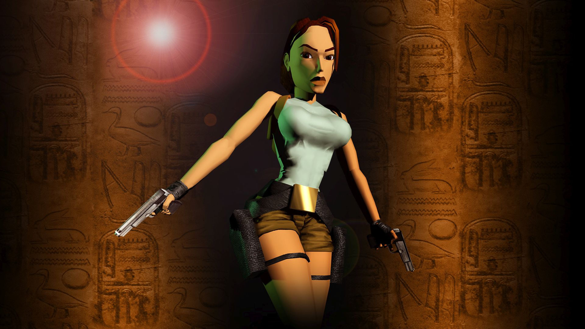 The cover art for 1996&#039;s Tomb Raider showing Lara Croft posing with two handguns