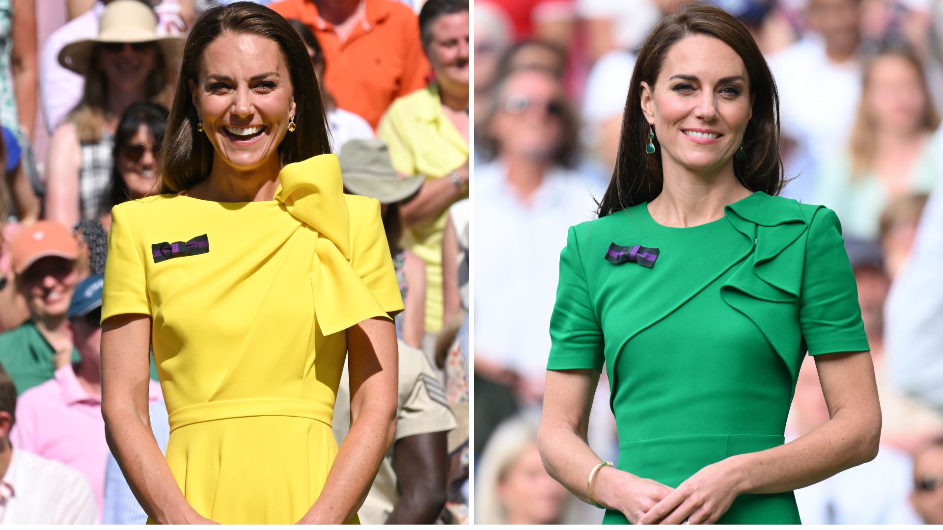 A composite of two pictures of Kate Middleton at two Wimbledon finals respectively, wearing dresses with details on one shoulder