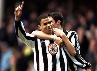 Kieron Dyer celebrates a goal for Newcastle United against Everton in March 2000.