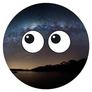 night sky graphic showing the milky way along the top of the circle with a pair of cartoon eyes in the center of the image.