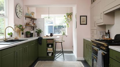 green kitchen with pink walls