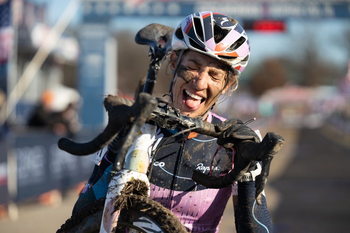 Sara Strum celebrates at the finish
