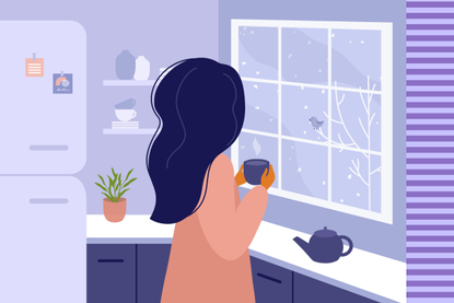 a cartoon showing a woman trying to relax and recharge with a cup of tea in her kitchen