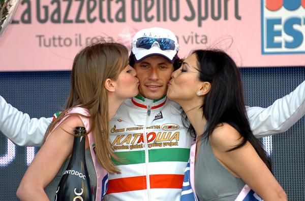 Italian National Champion Filippo Pozzato (Katusha) on the podium after winning stage 12 of the Giro