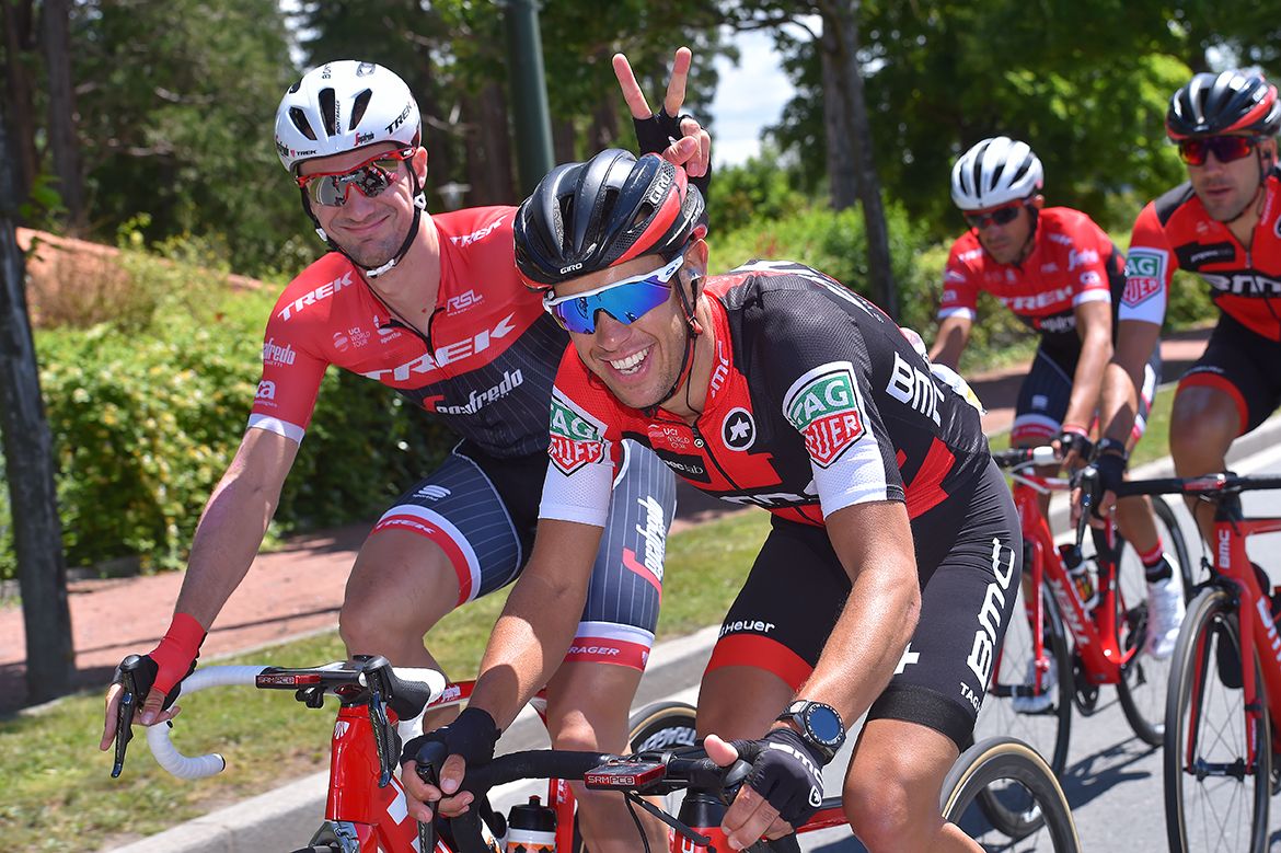 Fun and frolics for BMC's Richie Porte and Edward Theuns of Trek-Segafredo