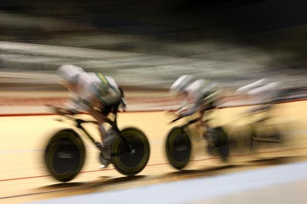 The Aussie women in action during the women's team pursuit.