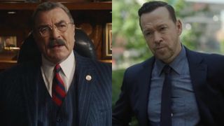 From L to R: Frank sitting at his desk in his office on Blue Bloods, Danny questioning someone on Boston Blue.