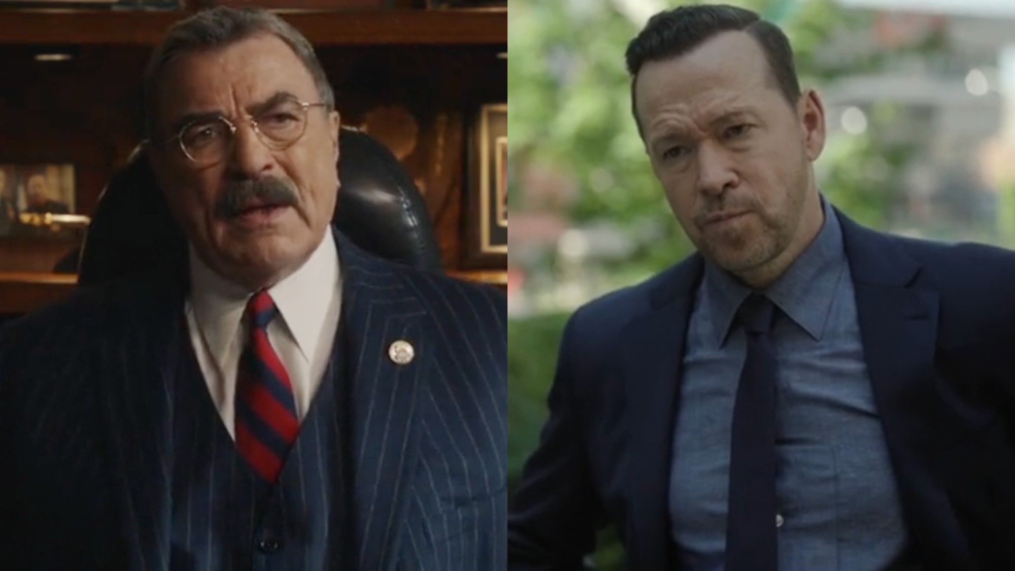 From L to R: Frank sitting at his desk in his office on Blue Bloods, Danny questioning someone on Boston Blue.