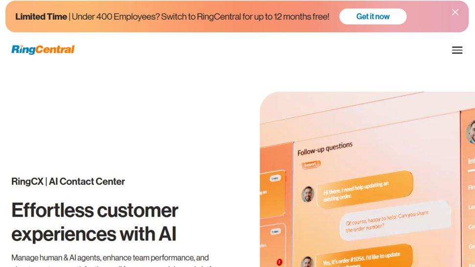 RingCentral Contact Center website screenshot (March 2026).