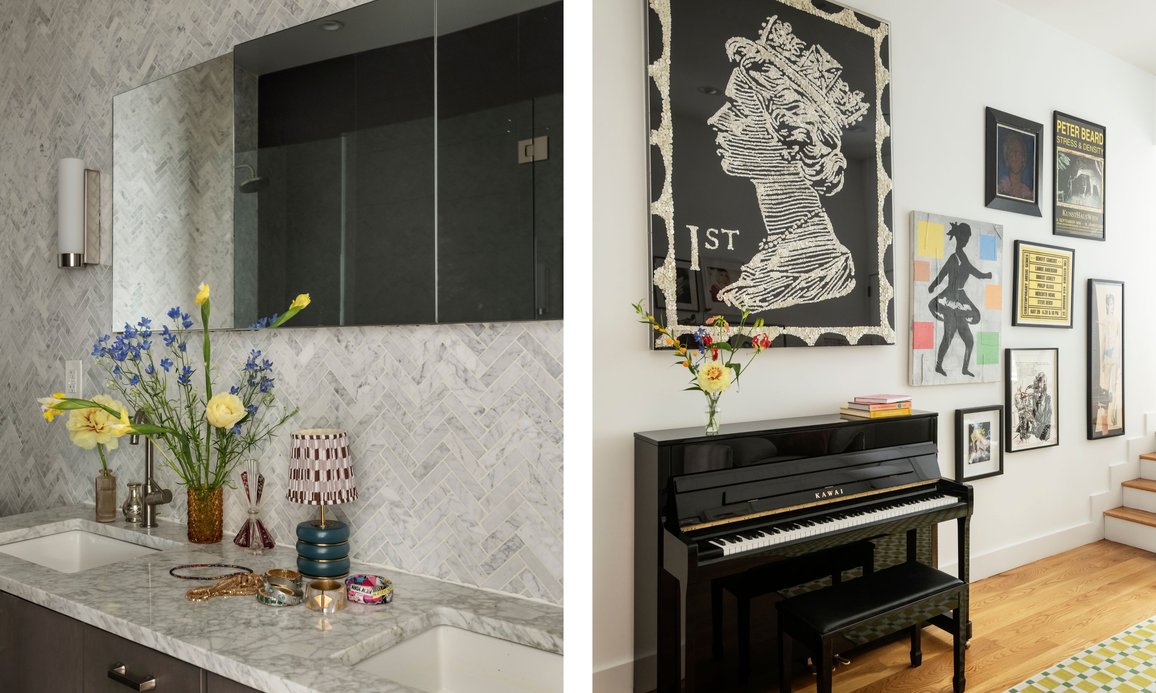 Split image of an entryway with grand piano and bathroom with gray herringbone tiles