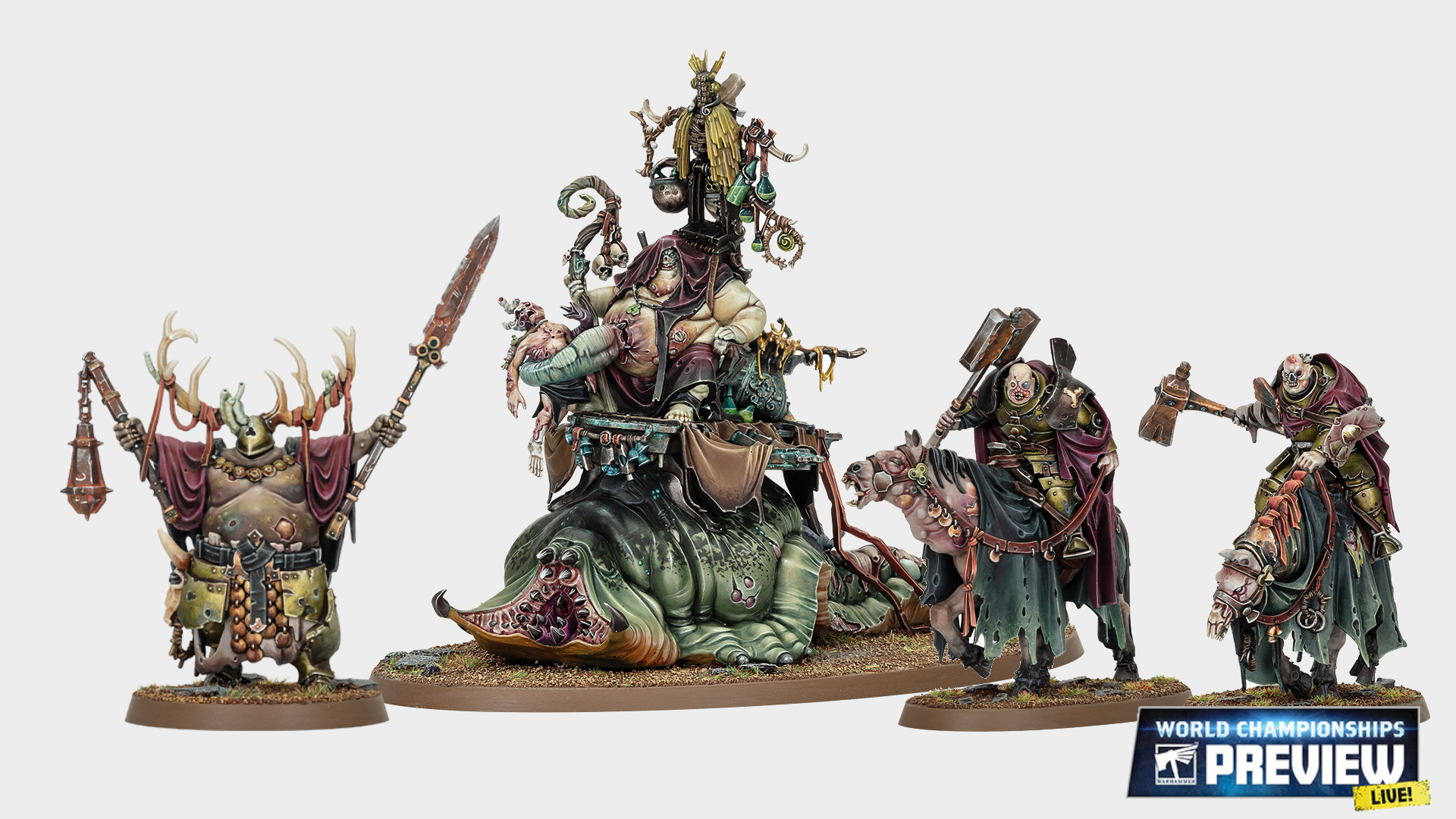 Nurgle Maggotkin models on a plain background, with a Blightking (left), Festus the Leechlord (center), and Sloven Knights (right) with a World Championships Preview logo in the bottom corner