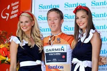 Cameron Meyer poses for a photo in the leaders jersey.