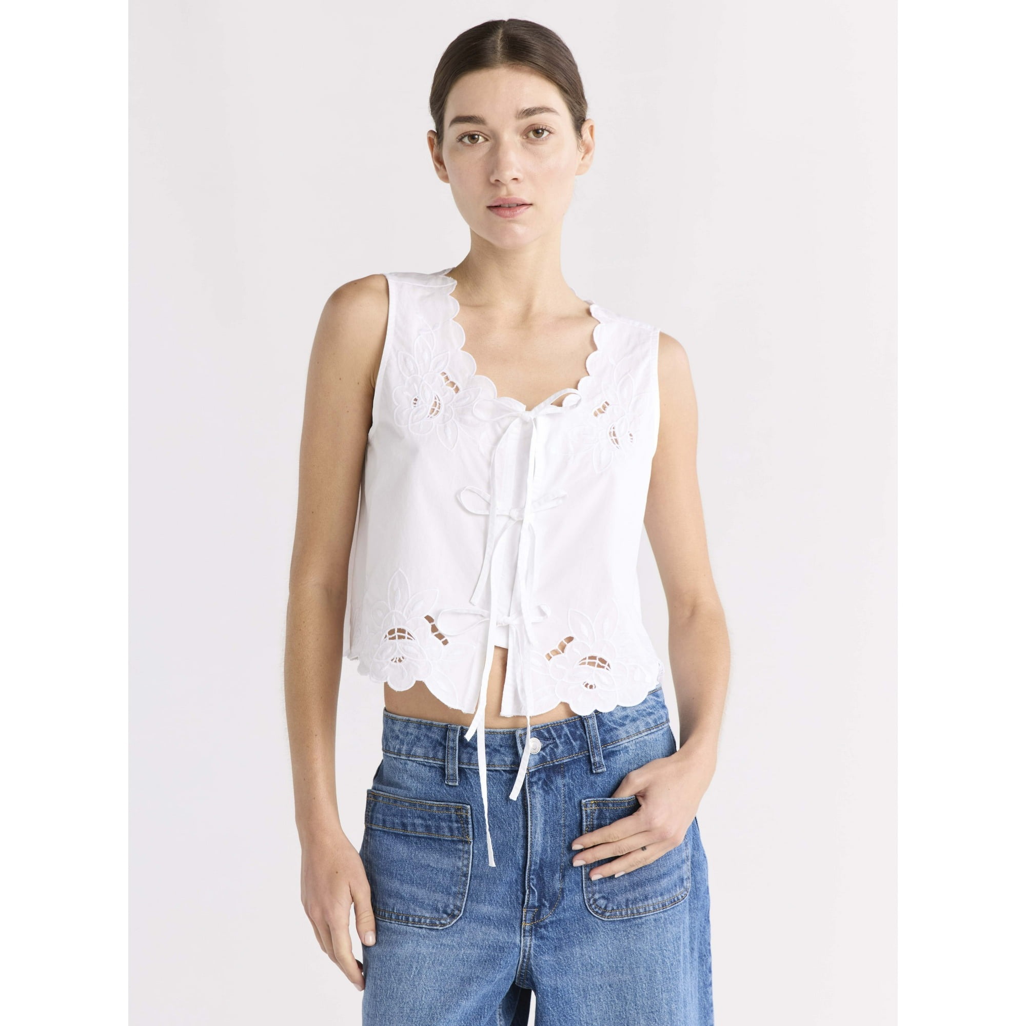 Free Assembly, Cropped Tie Front Embroidered Cotton Top