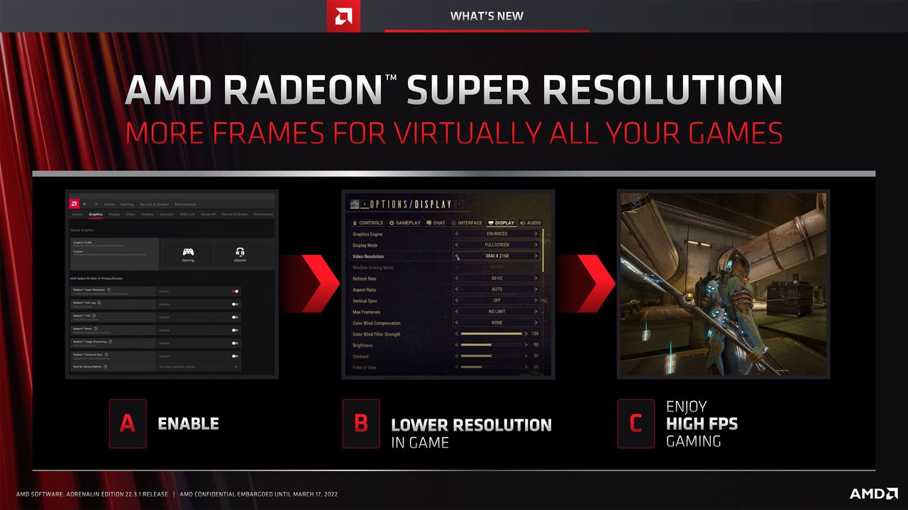 Slide deck for AMD Software Adrenalin Edition 22.3.1 with RSR and FSR 2.0