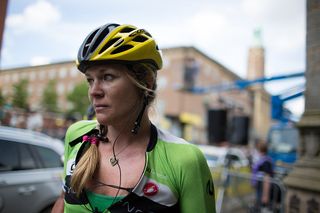 Alison Tetrick of Cylance Pro Cycling spent the last 20 km in a brave brakeaway, only to be caught in the last 100 metres during the Aviva Women's Tour 2016 - Stage 1