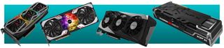 Four graphics cards on a green background