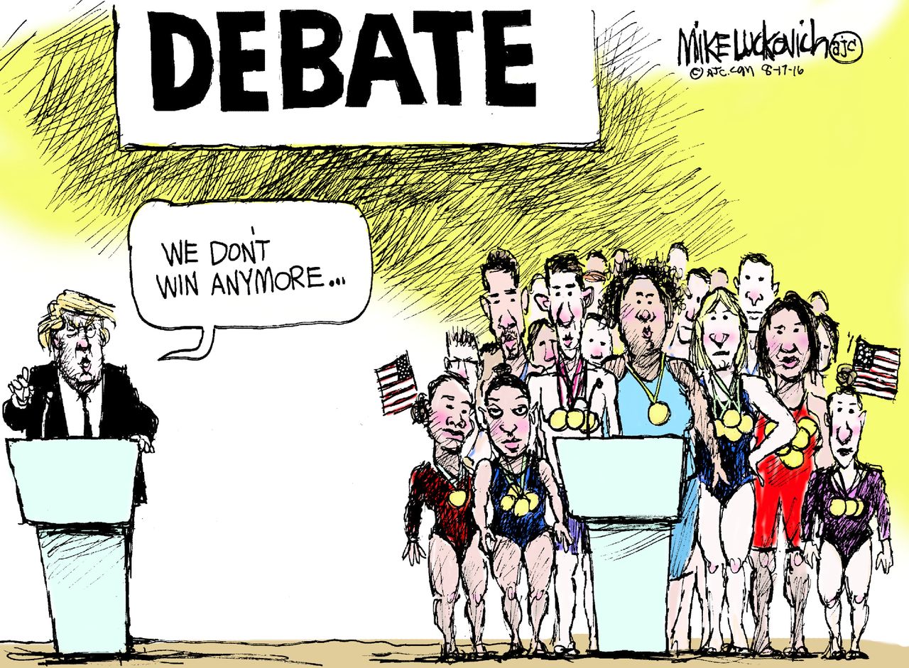 Political cartoon U.S. GOP Debate Donald Trump Make America Great Again Olympians