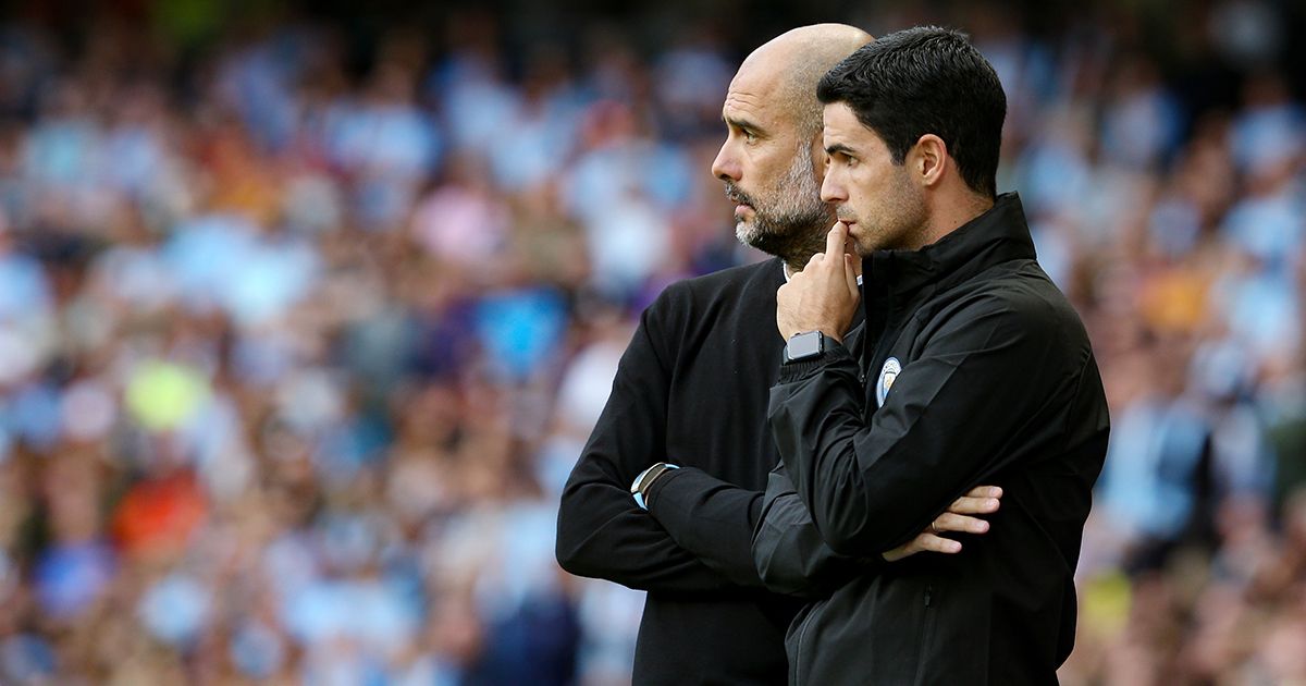 Arsenal manager Mikel Arteta and Manchester City boss Pep Guardiola look on during the Premier League match between Manchester City and Tottenham Hotspur at Etihad Stadium on August 17, 2019 in Manchester, United Kingdom.